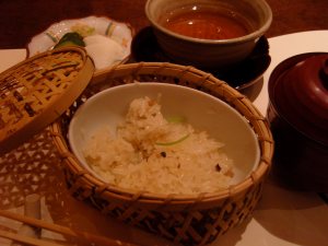 Sticky rice with Japanese style pickled vegetables and barley tea